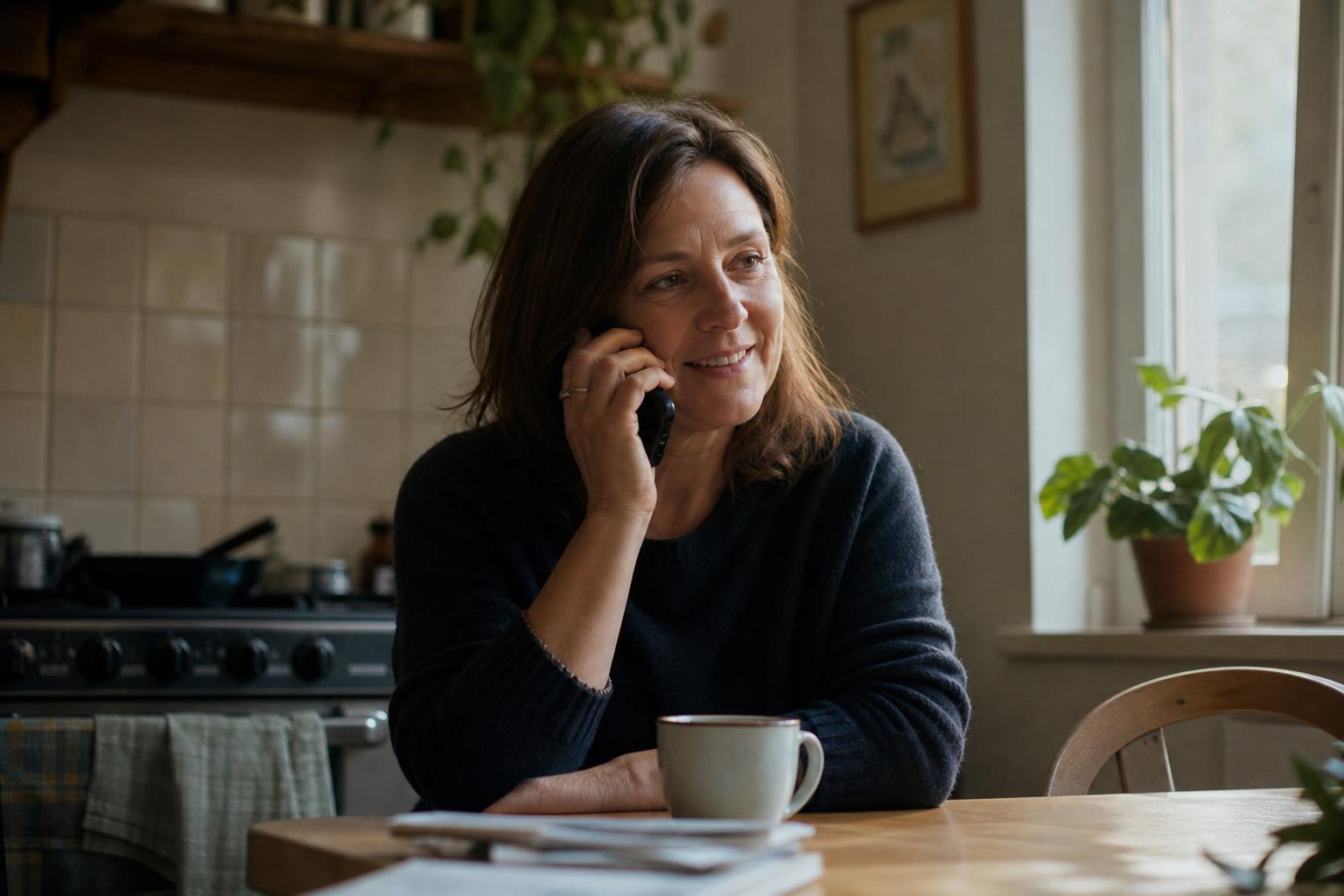 Anhörig sitter i sitt kök och pratar lugnt i telefon med trygg blick