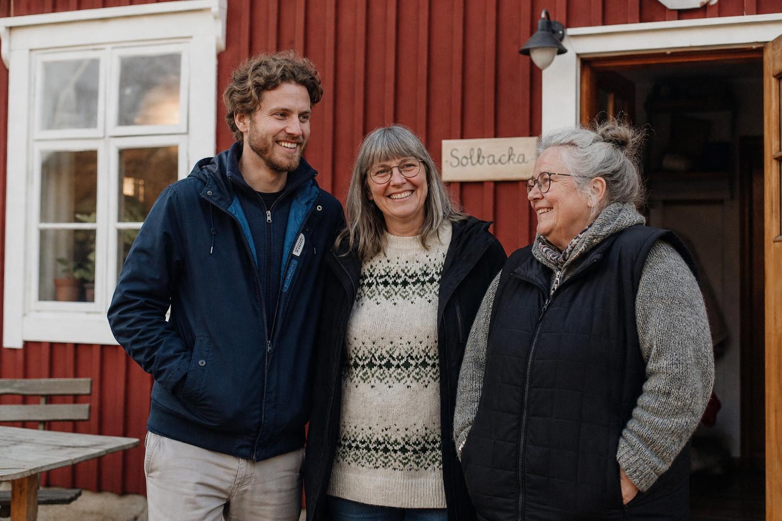 Tre personer ur Samvaros team står utanför ett rött trähus och ler